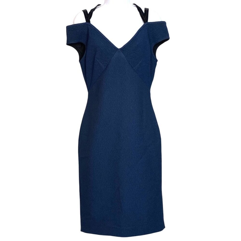 Yigal Azrouël Navy Off the Shoulder Knee-Length Dress Size 12 Silk Blend Velvet